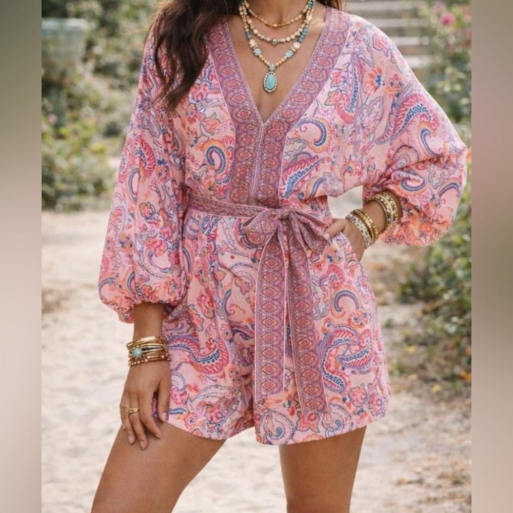 VENUS Pink Paisley V-Neck Belted Romper